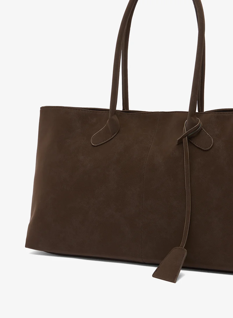 ELLA Brown east-to-west suede tote bag with handle and tag detail for Women | Best Price UAE